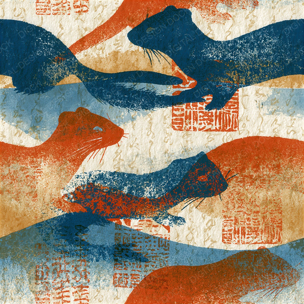 Indian Blockprint Weasel Cobalt Terracotta Seamless Digital Paper Pack (DDD015469)