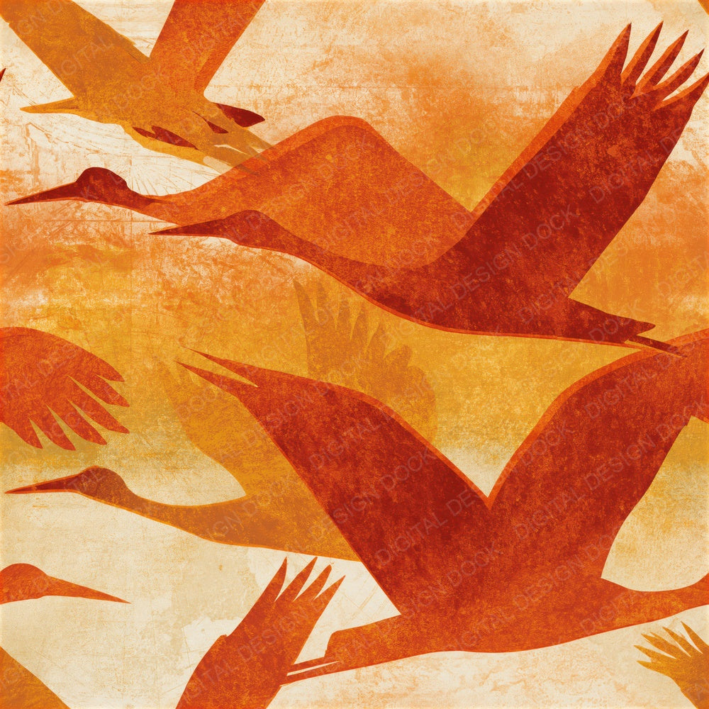 Woodblock Stork Burnt Orange Seamless Digital Paper Pack (DDD015482)