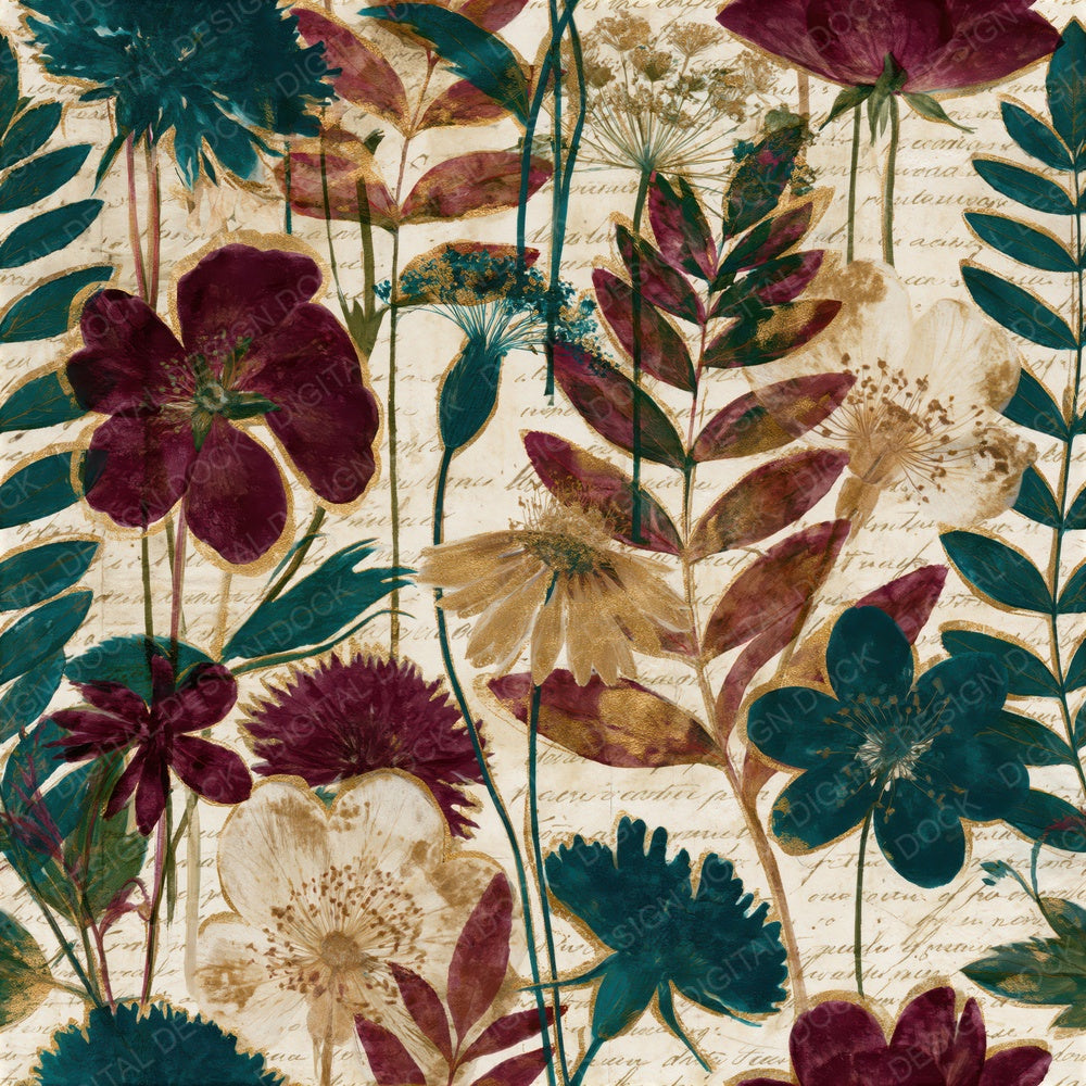 Blueprint Meadow Flowers Malachite Burgundy Seamless Digital Paper Pack (DDD015485)