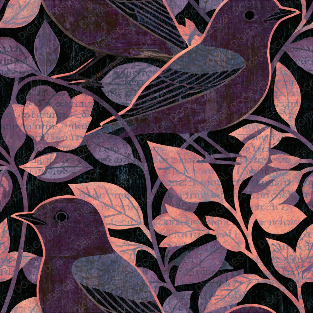 Woodcut Bluebirds Aubergine Pearl Seamless Digital Paper Pack (DDD015502)