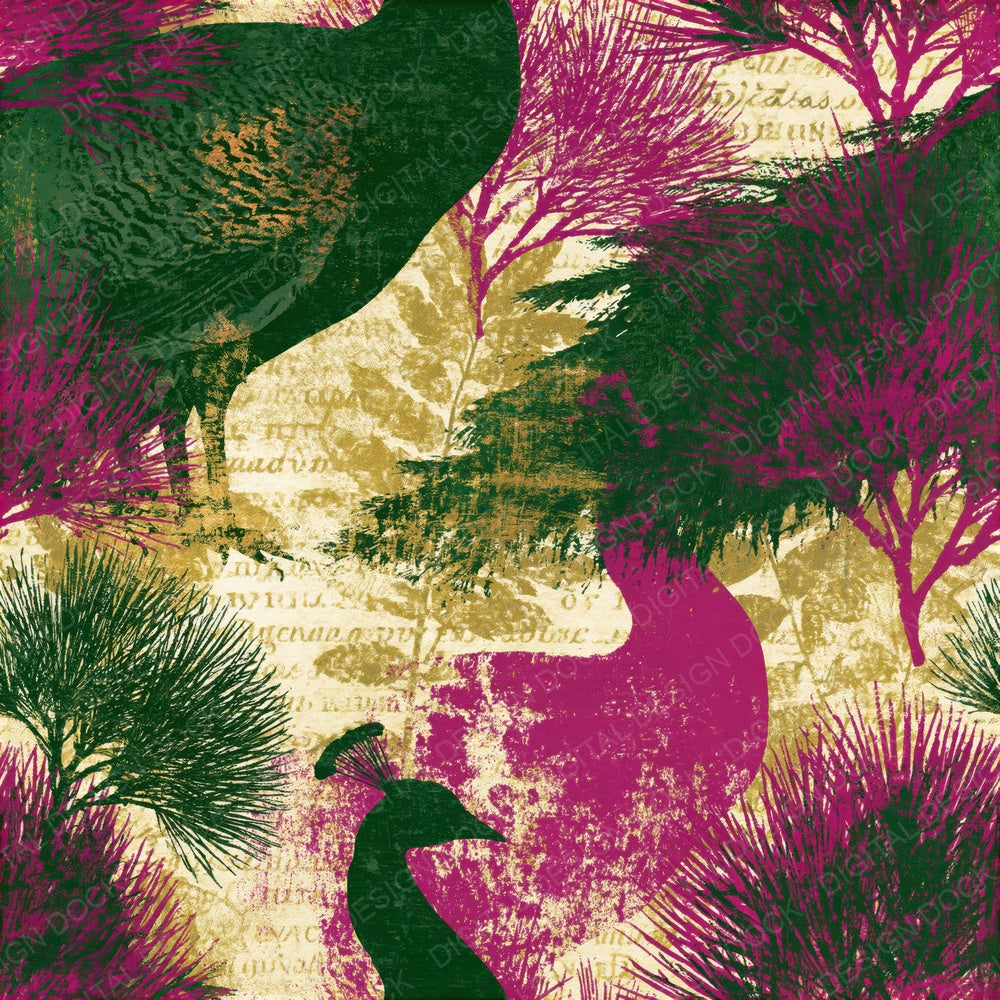 Screenprint Peacock Magenta Green Seamless Digital Paper Pack (DDD015521)