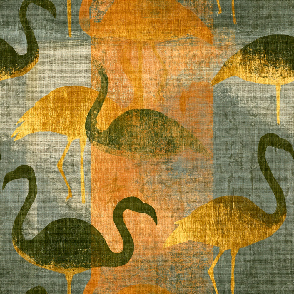 Woodcut Flamingo Olive Ochre Seamless Digital Paper Pack (DDD015523)