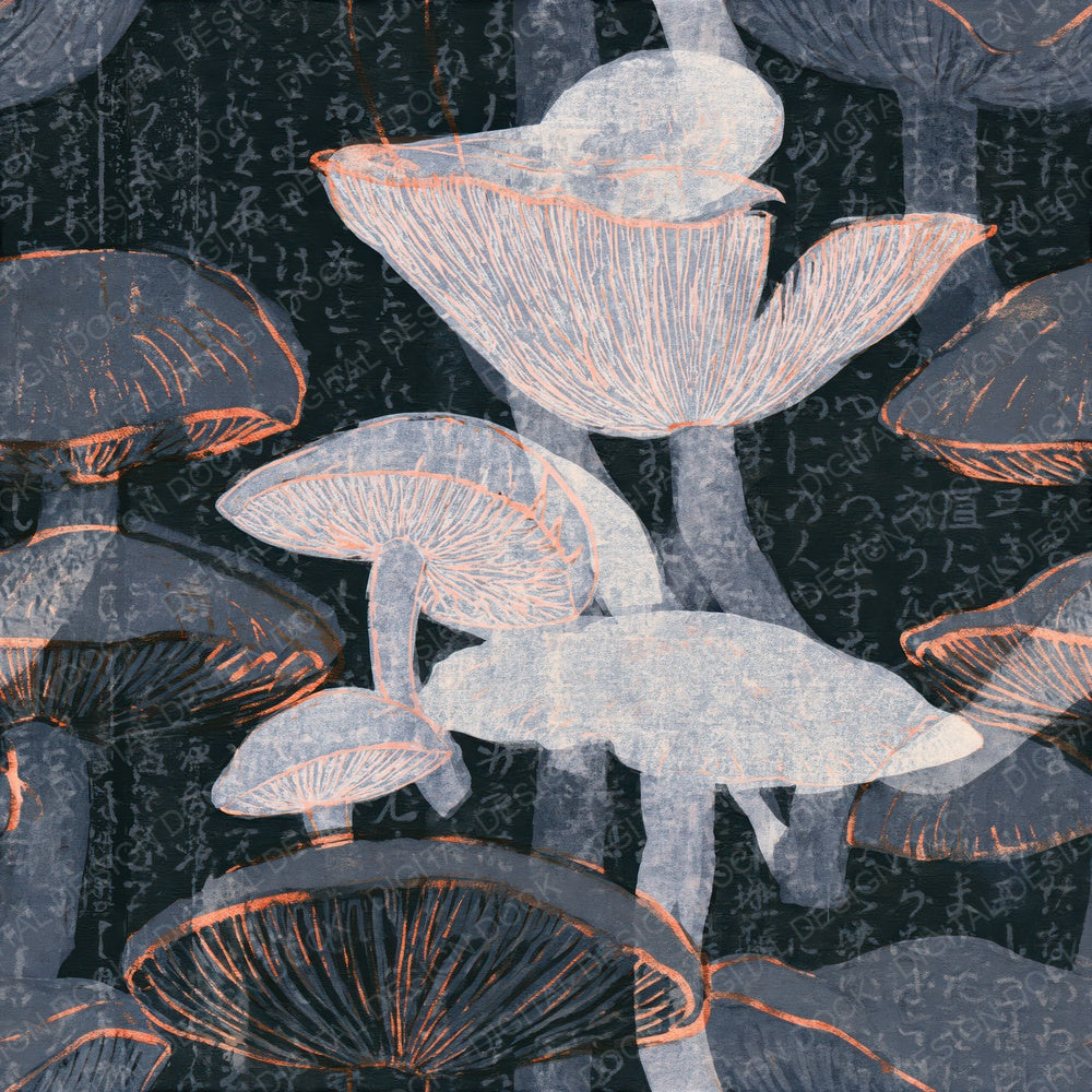 Indian Block Print Phosphorescent Mushrooms Seamless Digital Paper Pack (DDD015527)