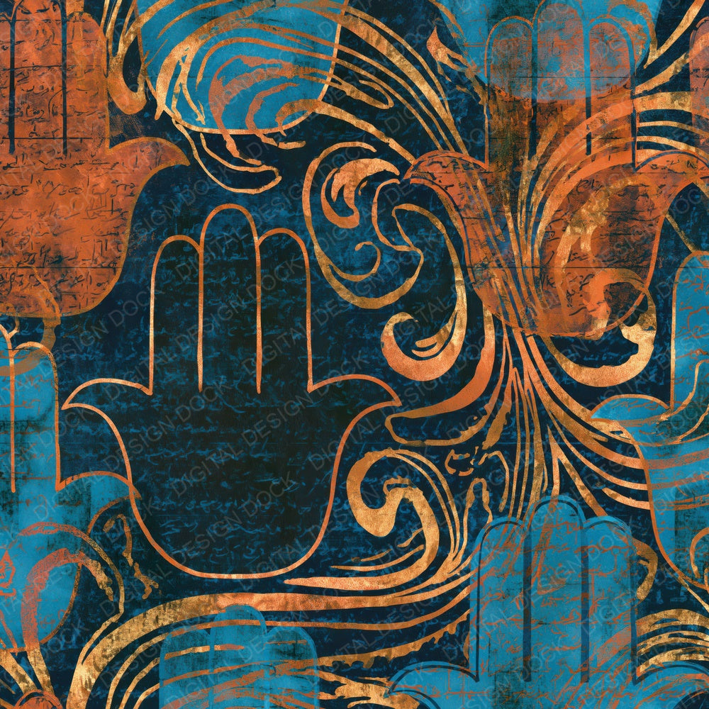 Art Nouveau Hamsa Tangerine Turquoise Digital Paper Pack (DDD015545)