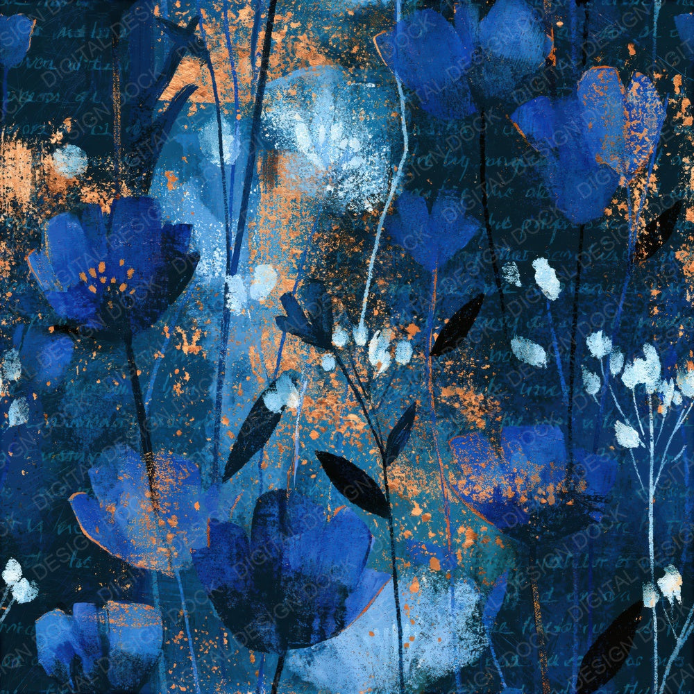 Scratchboard Meadow Flowers Electric Blue Navy Seamless Digital Paper Pack (DDD015574)