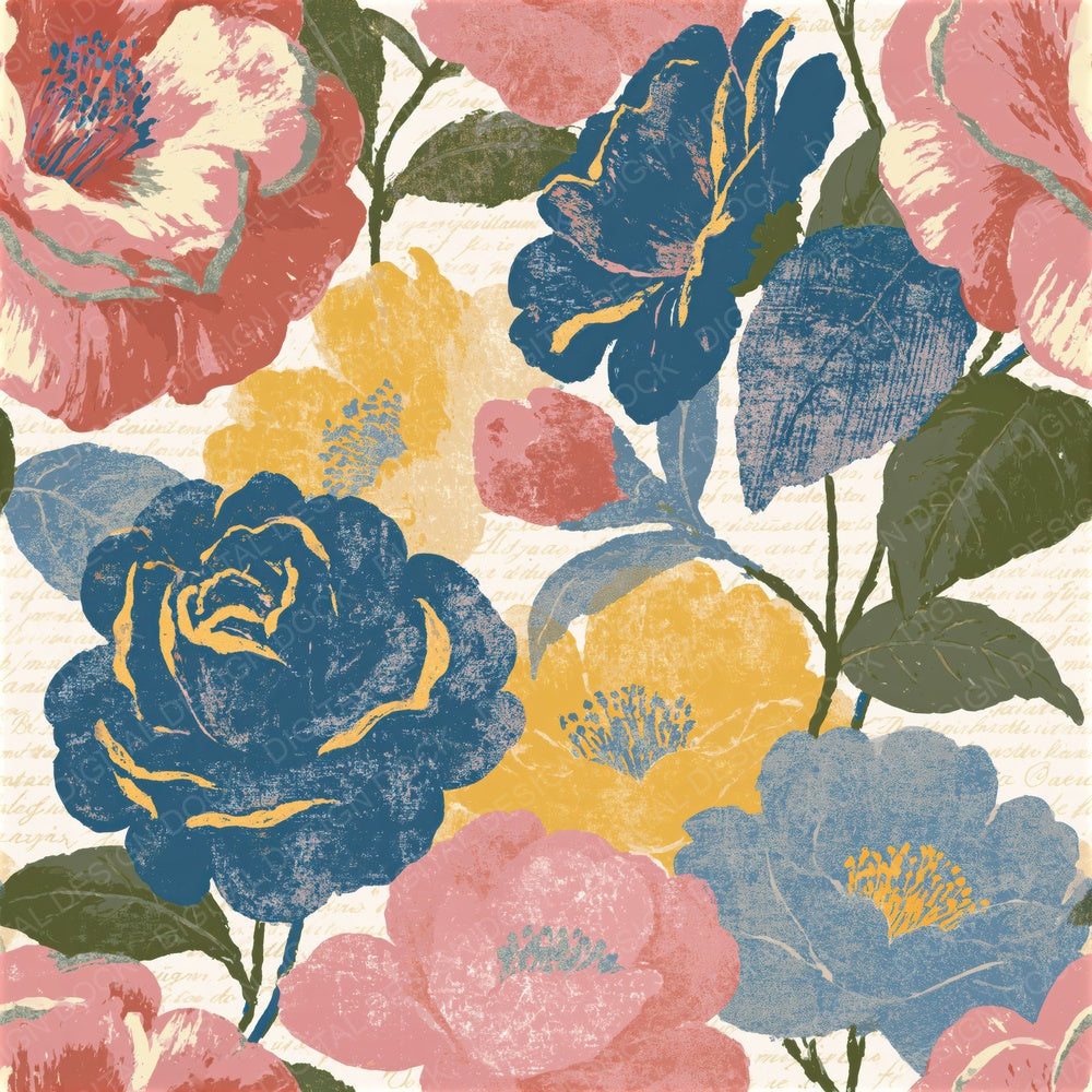 Screenprint Camellias Pink Blue Seamless Digital Paper Pack (DDD015576)