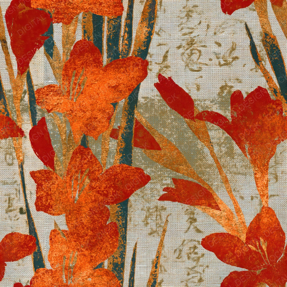 Woodblock Gladioli Copper Orange Seamless Digital Paper Pack (DDD015580)