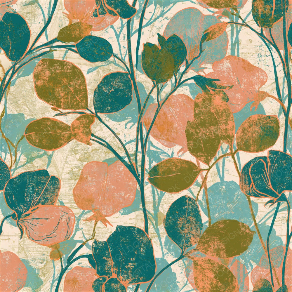 Woodblock Sweet Peas Olive Peach Seamless Digital Paper Pack (DDD015581)