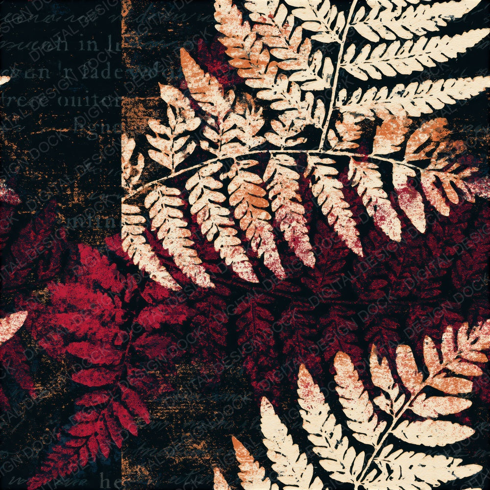 Risograph Fern Fronds Oxblood Seamless Digital Paper Pack (DDD015594)