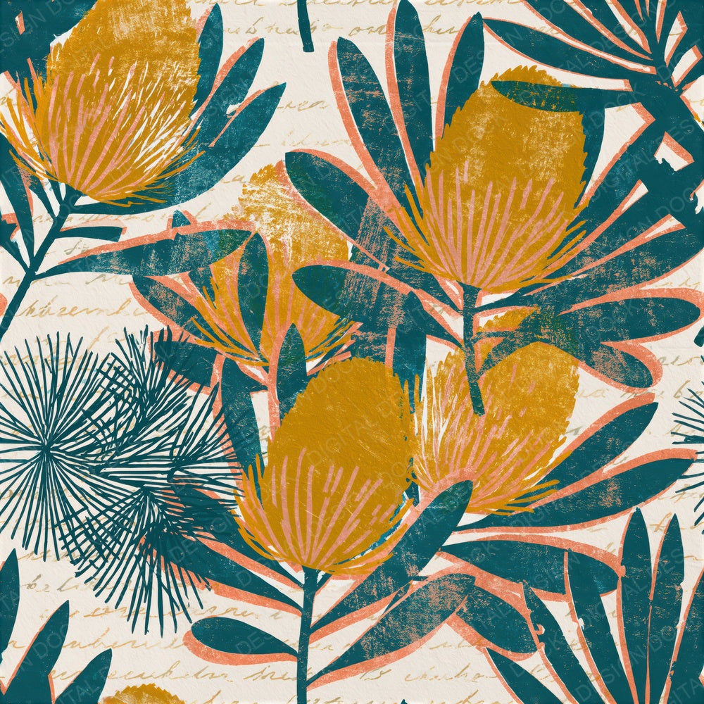 Woodblock Banksia Mustard Teal Seamless Digital Paper Pack (DDD015598)