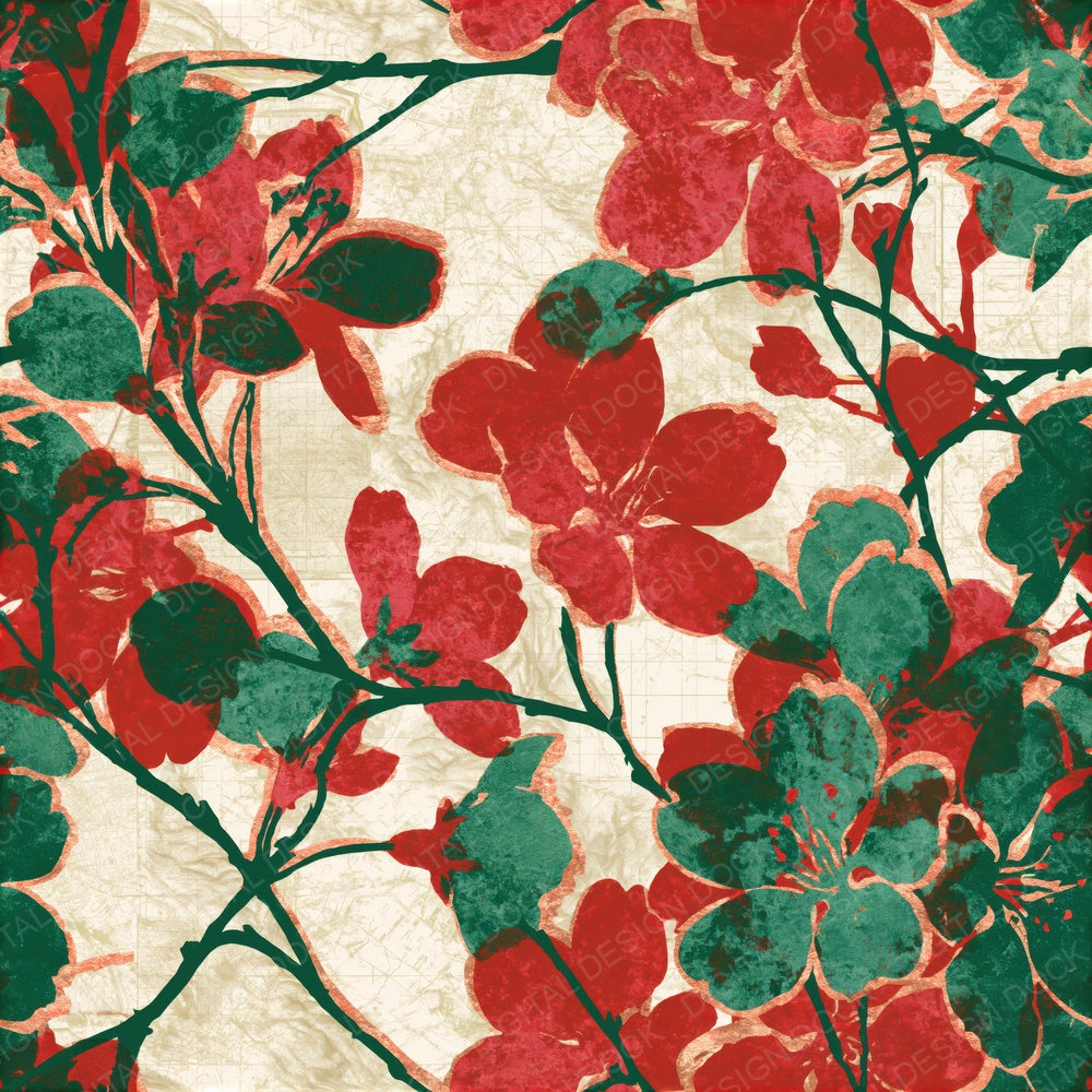 Woodblock Cherry Blossoms Evergreen Red Seamless Digital Paper Pack (DDD015599)