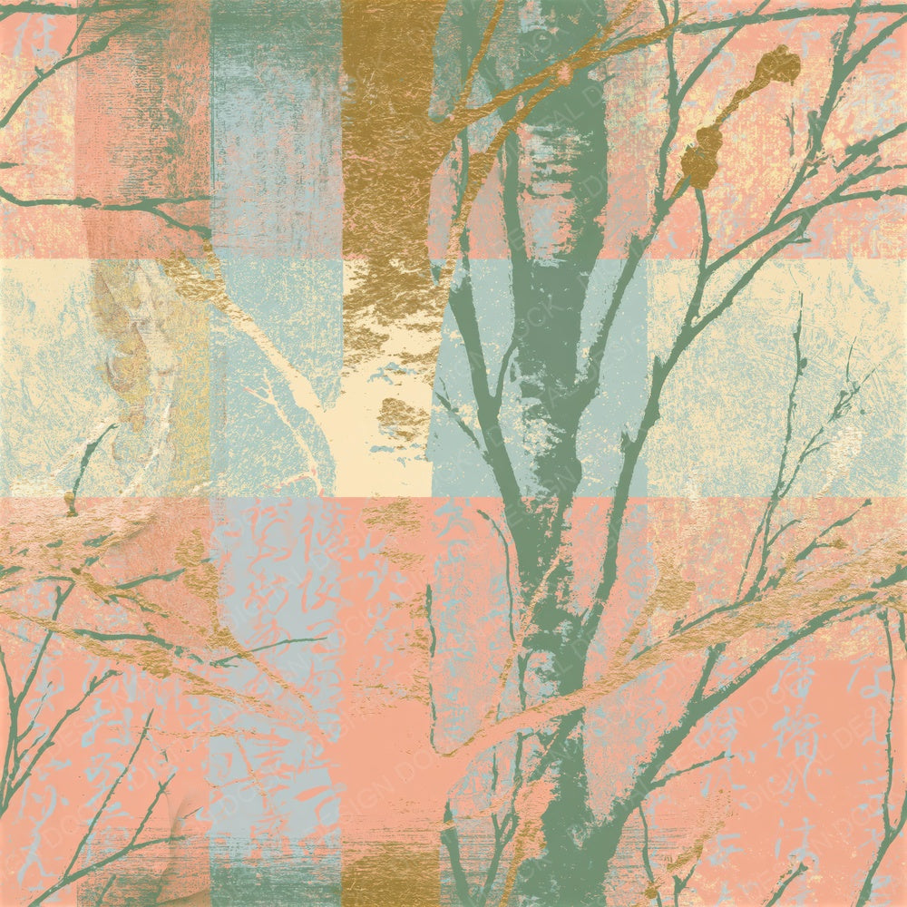Woodcut Birch Twigs Peach Mint Seamless Digital Paper Pack (DDD015602)