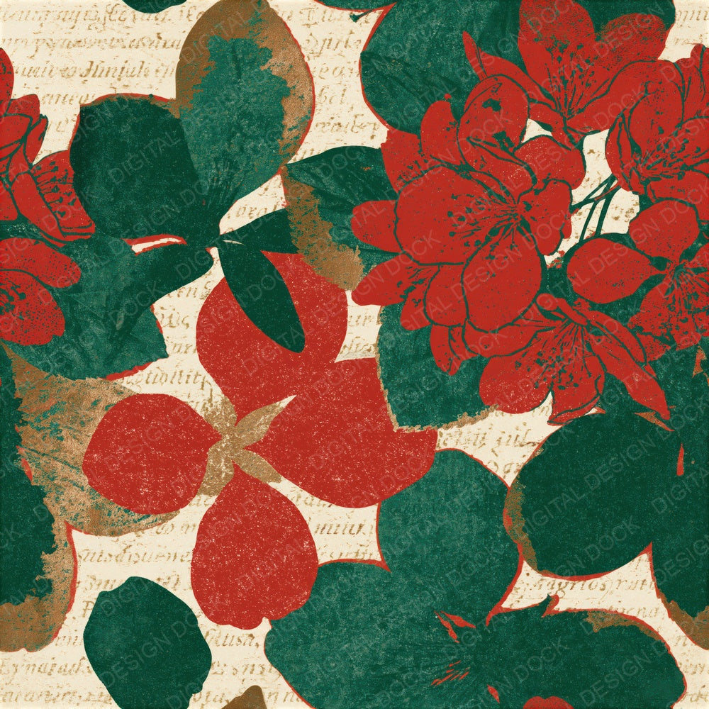Risograph Cherry Blossoms Crimson Green Seamless Digital Paper Pack (DDD015615)