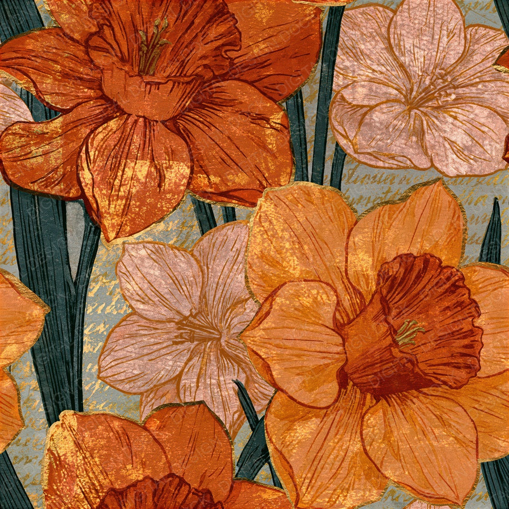 Woodblock Daffodils Amber Rose Gold Seamless Digital Paper Pack (DDD015619)