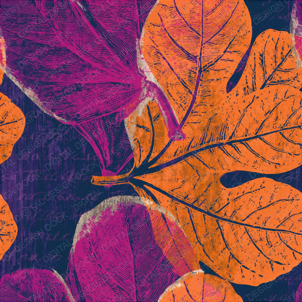 Woodcut Fig Leaves Magenta Seamless Digital Paper Pack (DDD015623)