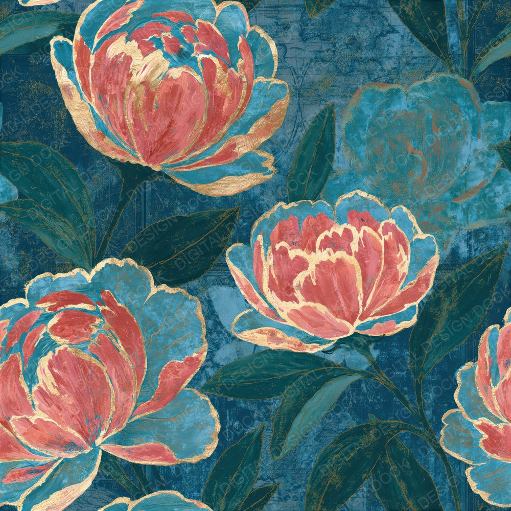 Layered Peony Lagoon Coral Seamless Digital Paper Pack (DDD015648)