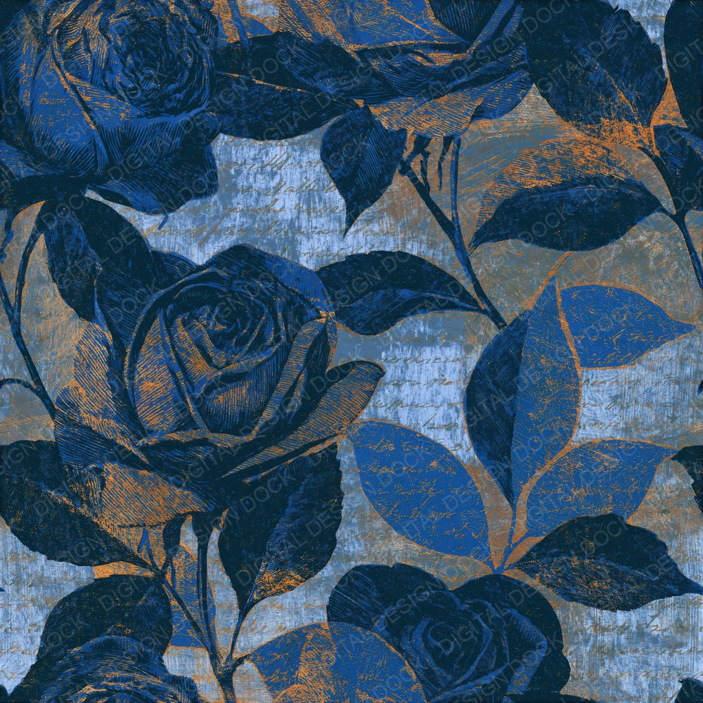 Woodcut Climbing Roses Sapphire Bone Seamless Digital Paper Pack (DDD015664)