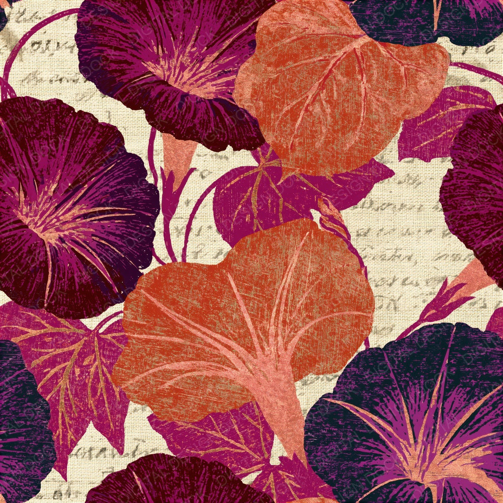Woodcut Morning Glory Cherry Mulberry Seamless Digital Paper Pack (DDD015684)