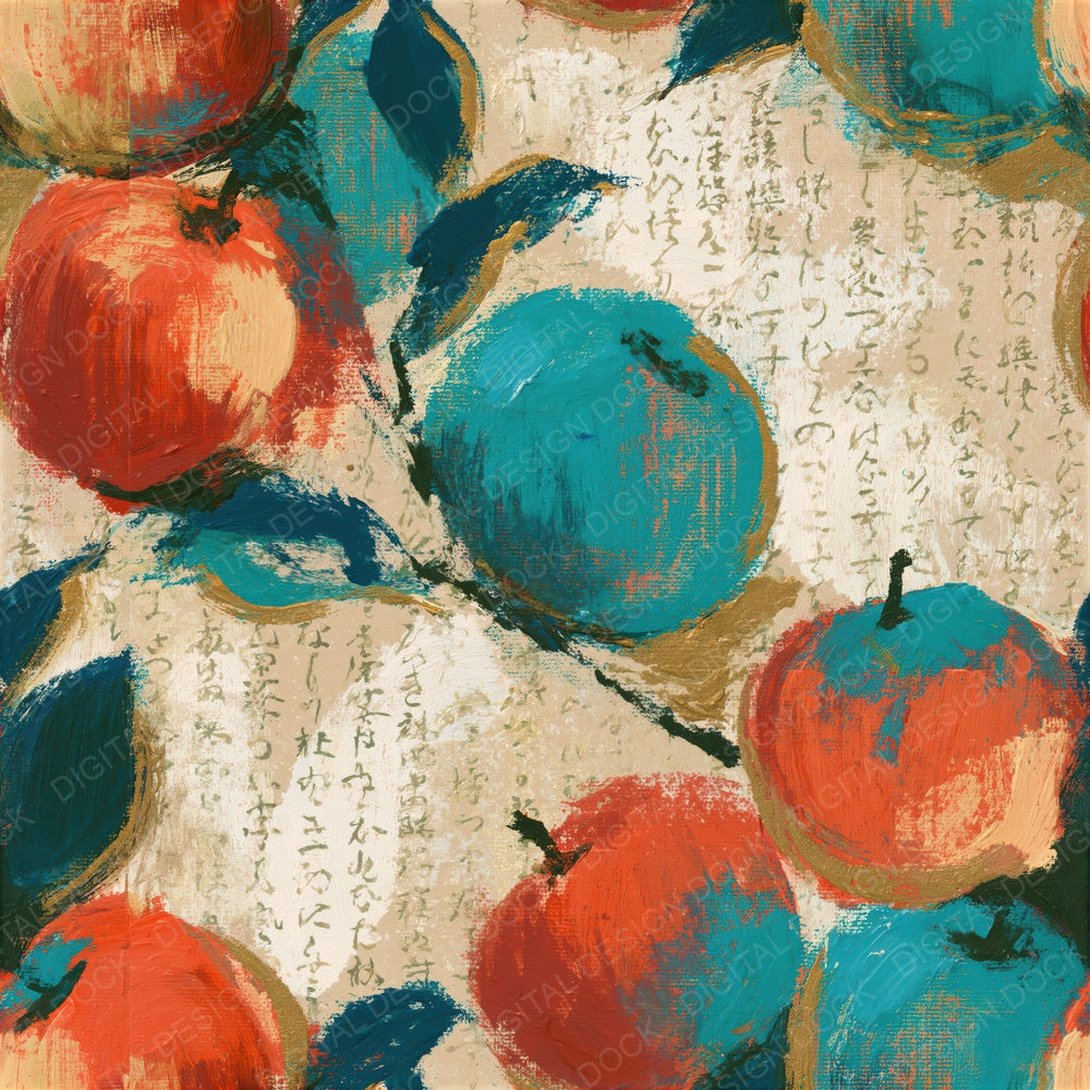 Oil Pastel Crabapples Coral Turquoise Seamless Digital Paper Pack (DDD015696)
