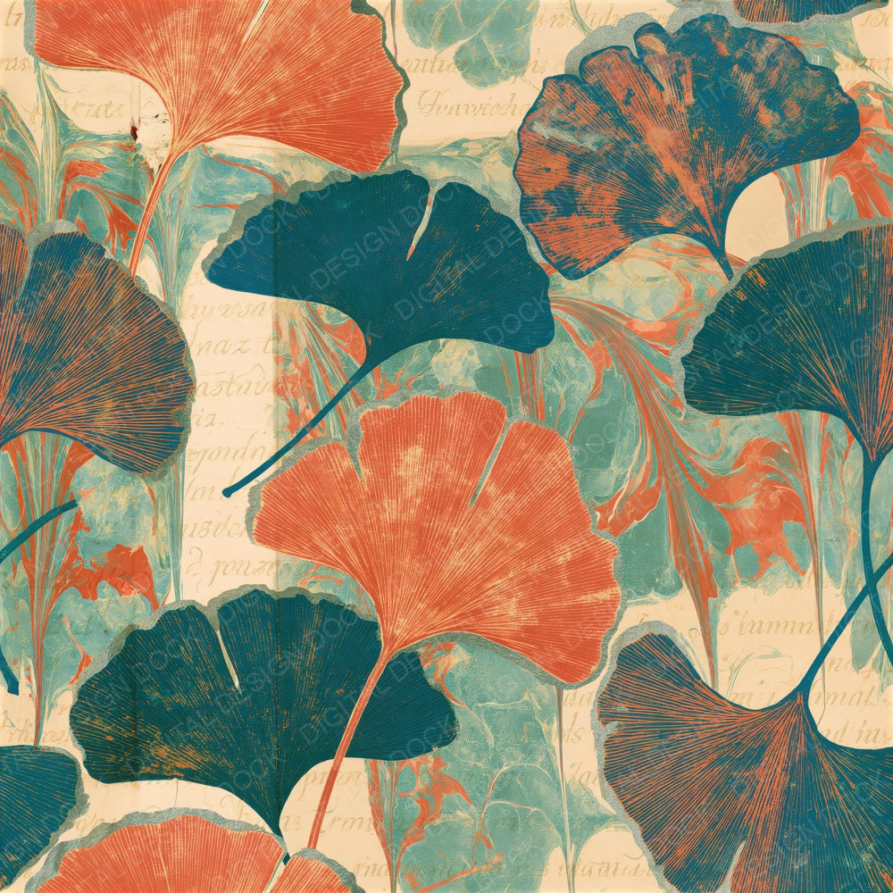 Paper Marbling Gingko Coral Blue Seamless Digital Paper Pack (DDD015715)