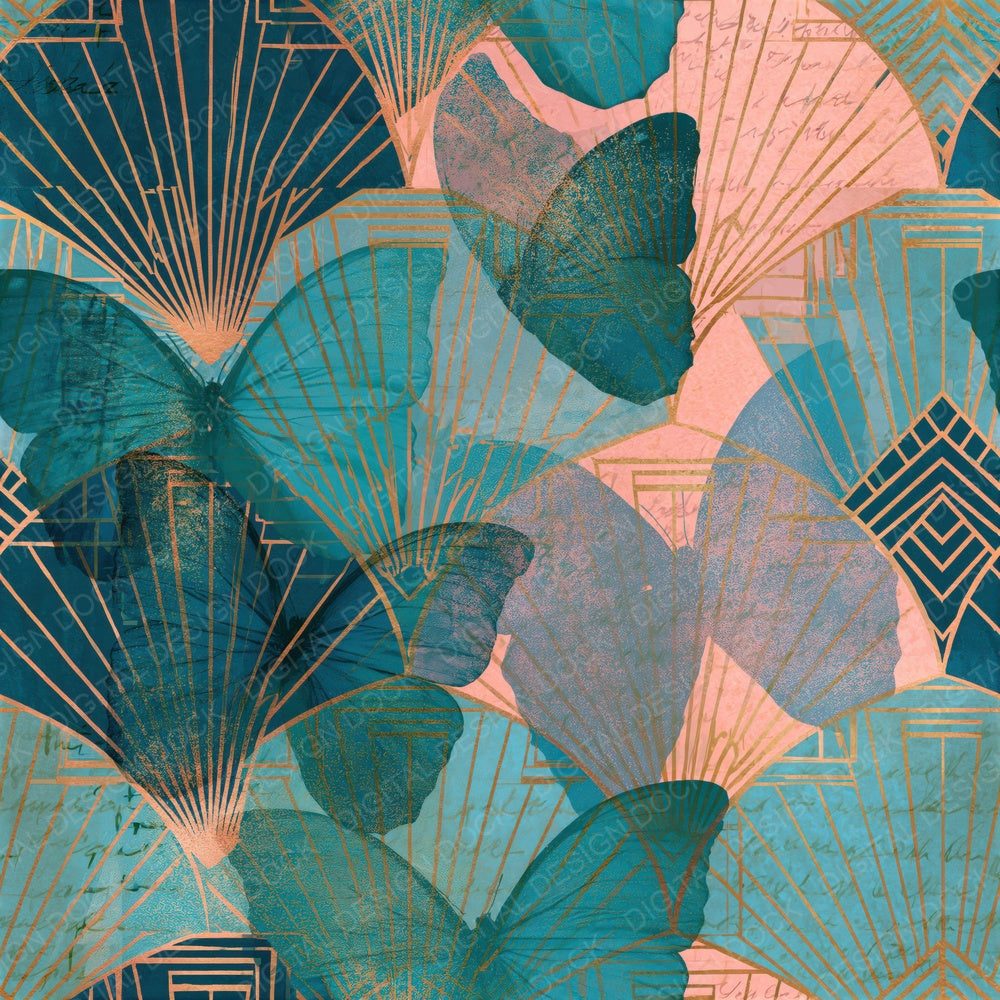 Art Deco Dead Butterflies Aqua Pink Seamless Digital Paper Pack (DDD015725)