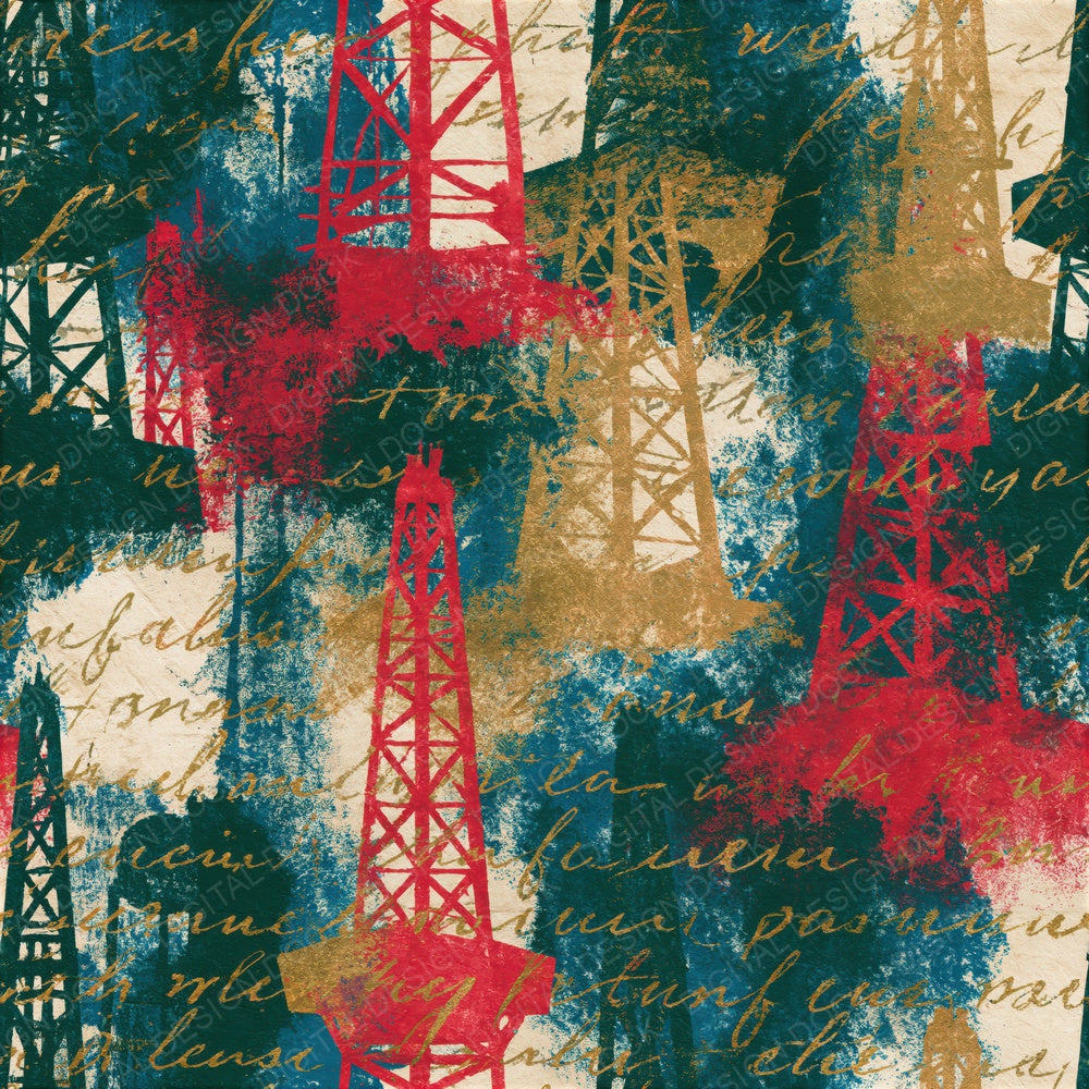 Cyanotype Oil Rigs Pine Crimson Seamless Digital Paper Pack (DDD015769)