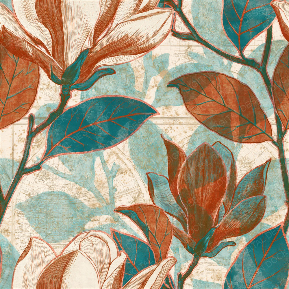 Antique Magnolia Tangerine Aqua Seamless Digital Paper Pack (DDD015825)
