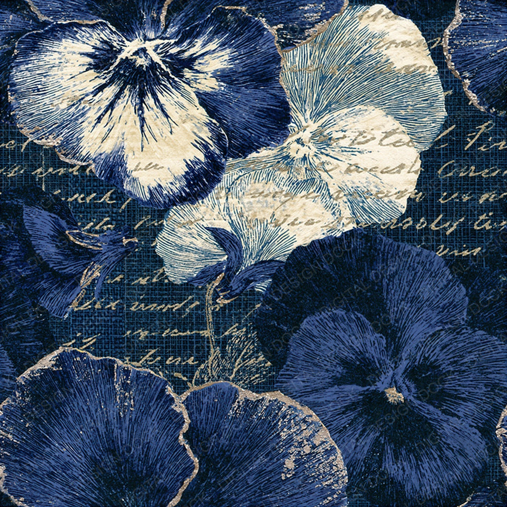 Scratchboard Pansies Indigo Ivory Seamless Digital Paper Pack (DDD015837)
