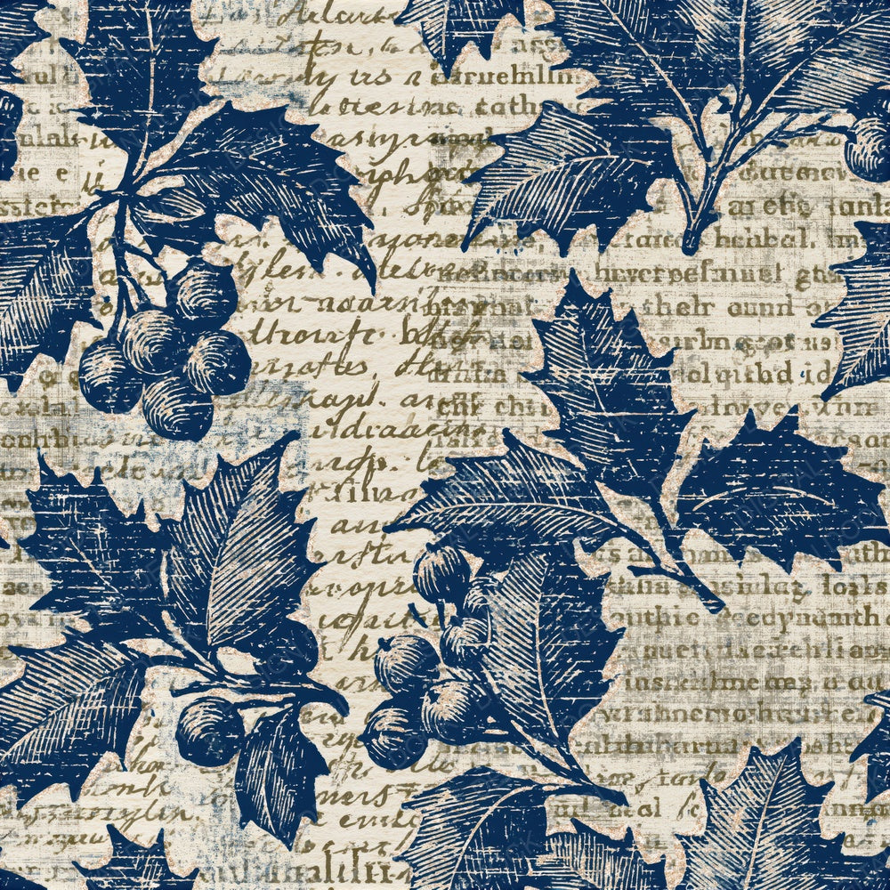 Woodcut Holly Indigo Ivory Seamless Digital Paper Pack (DDD015841)