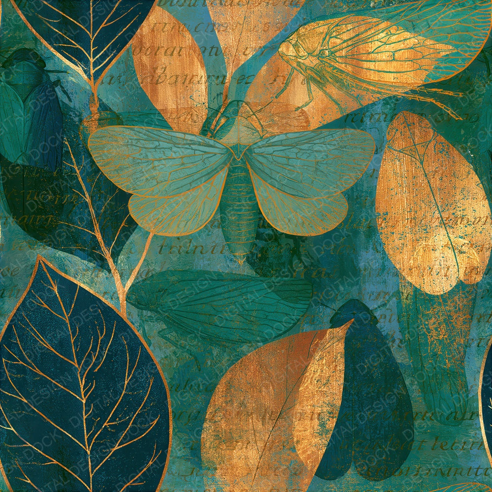 Surrealist Leafhoppers Eucalyptus Gold Seamless Digital Paper Pack (DDD015864)