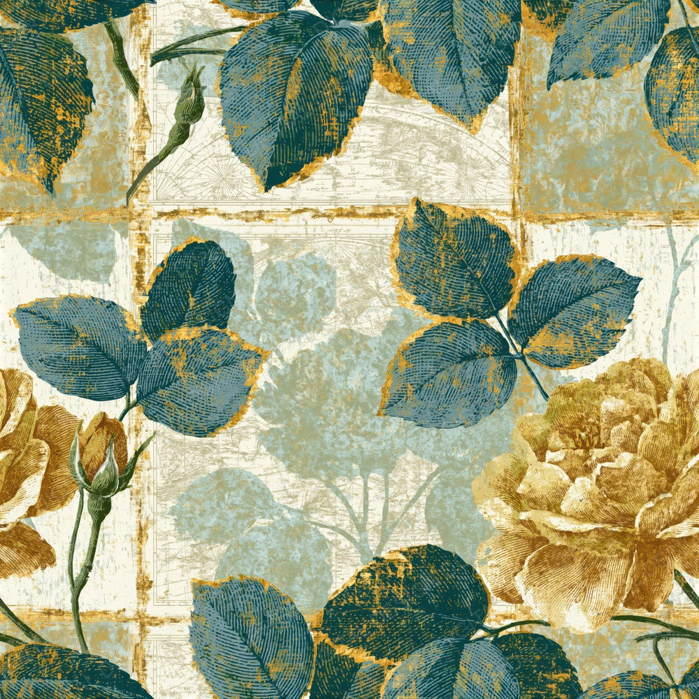 Antique Botanical Roses Mint Gold Seamless Digital Paper Pack (DDD015866)