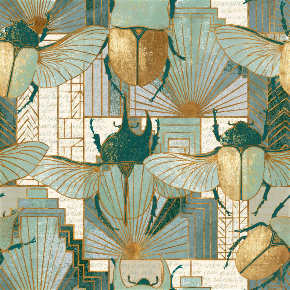 Art Deco Rhinoceros Beetles Mint Gold Seamless Digital Paper Pack (DDD015867)