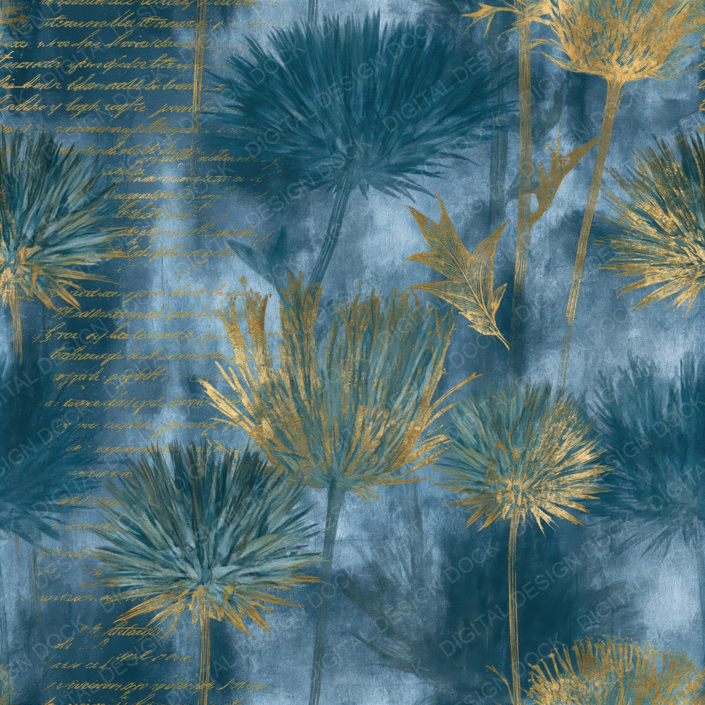 Cyanotype Thistle Sea Glass Gold Seamless Digital Paper Pack (DDD015871)