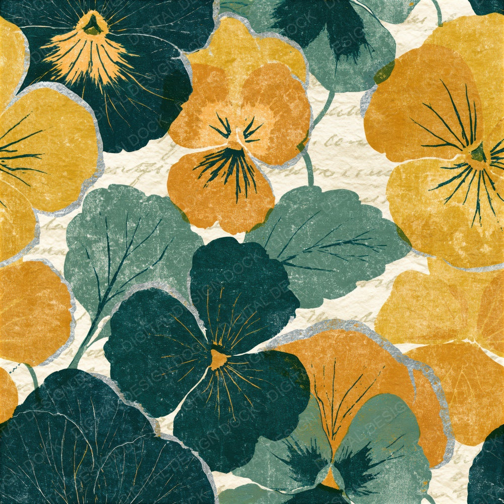 Letterpress Pansies Eucalyptus Gold Seamless Digital Paper Pack (DDD015877)