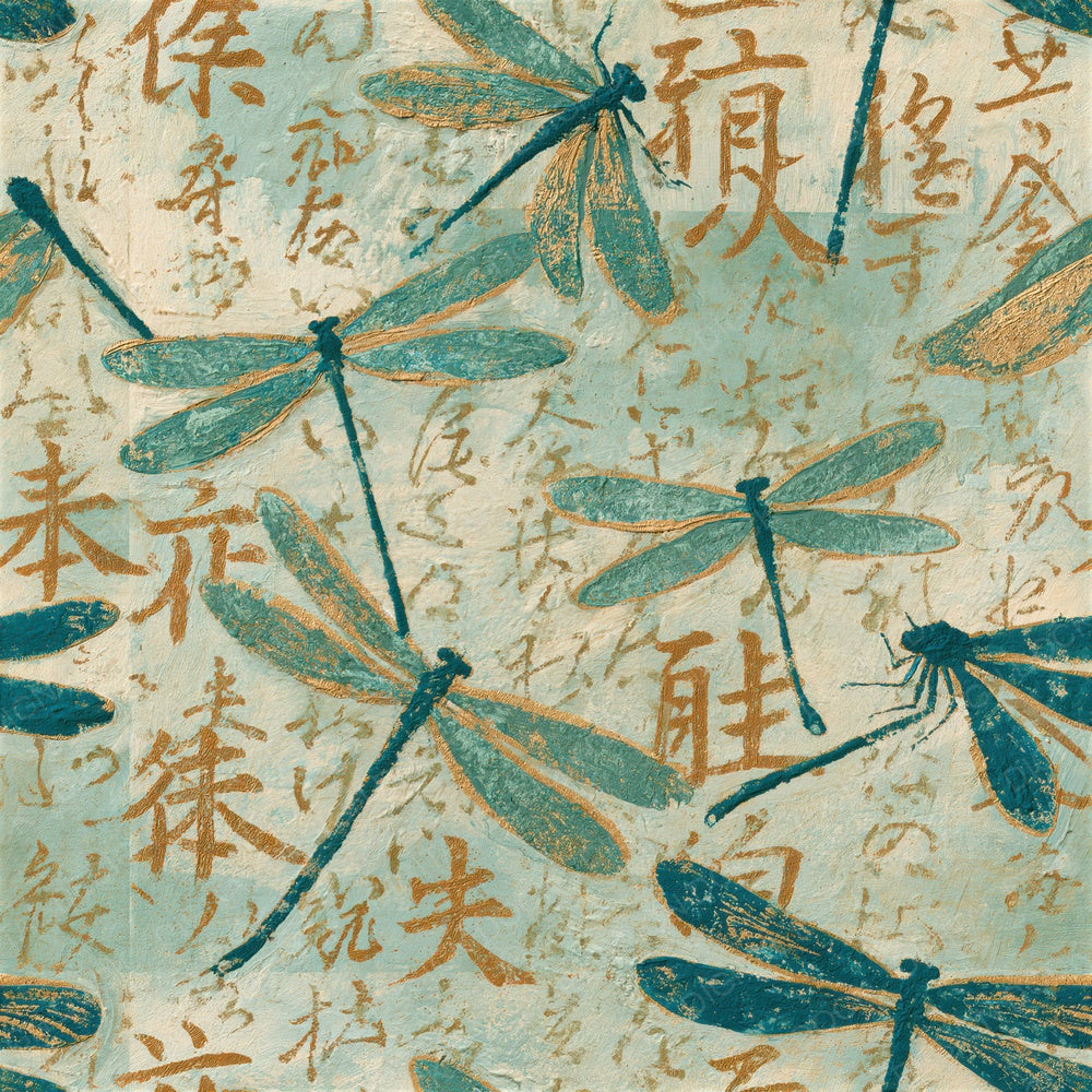 Oil Pastel Damselflies Sea Glass Gold Seamless Digital Paper Pack (DDD015879)