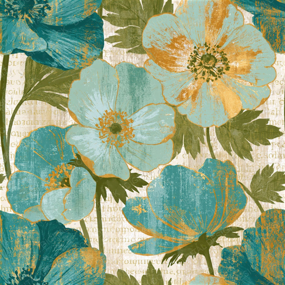 Screenprint Anemones Mint Gold Seamless Digital Paper Pack (DDD015881)