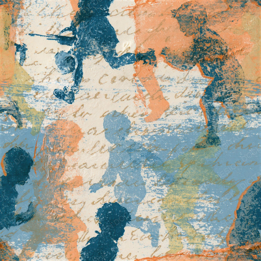 Woodblock Children Play Peach Blue Seamless Digital Paper Pack (DDD015924)