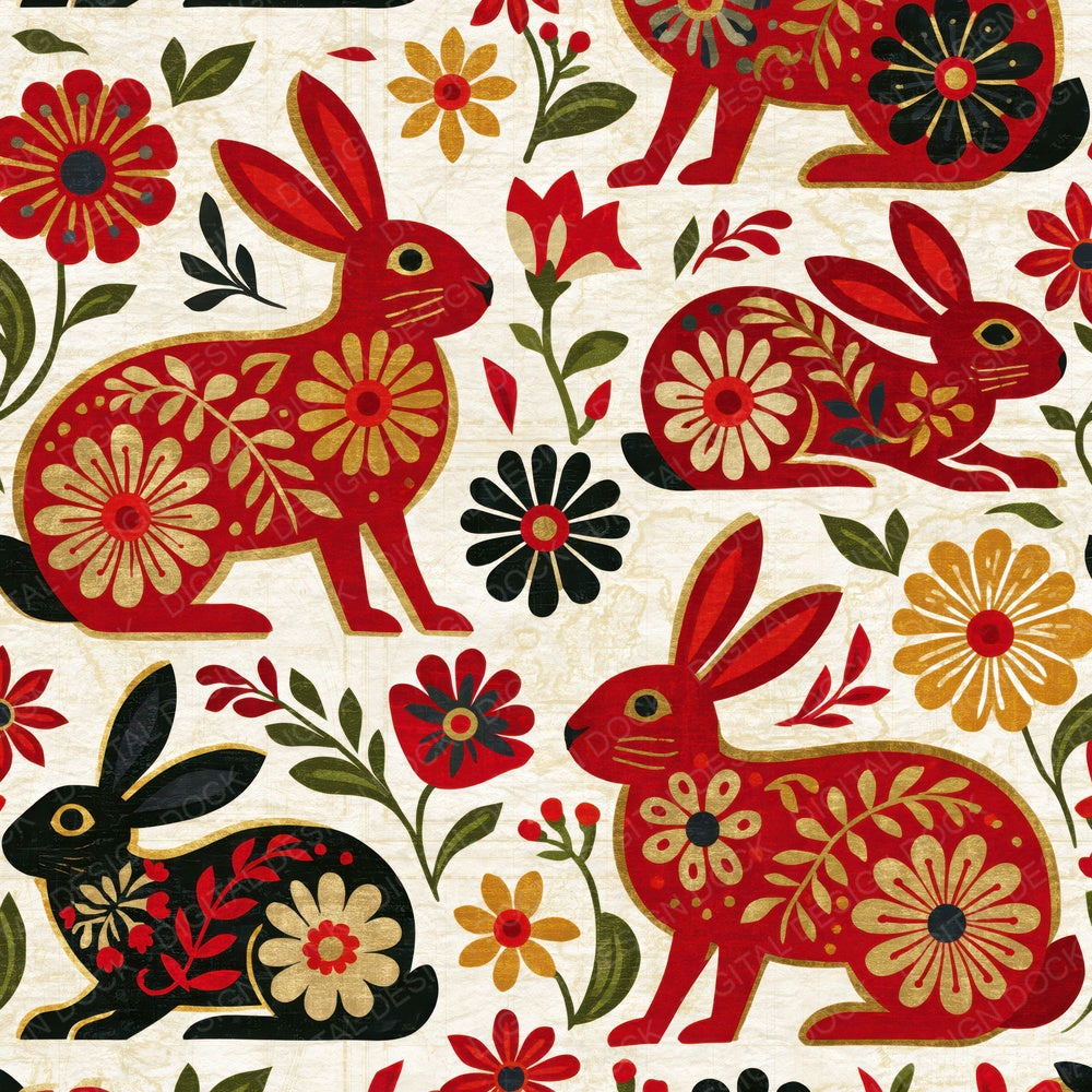 Mexican Folk Art Rabbits Cherry Currant Digital Paper Pack (DDD016055)