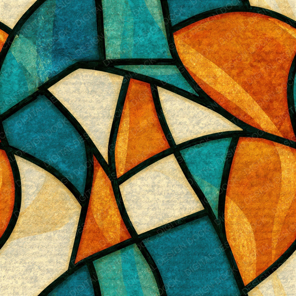 Stained Glass Tangerine Aqua Abstract Seamless Digital Paper Pack (DDD016100)