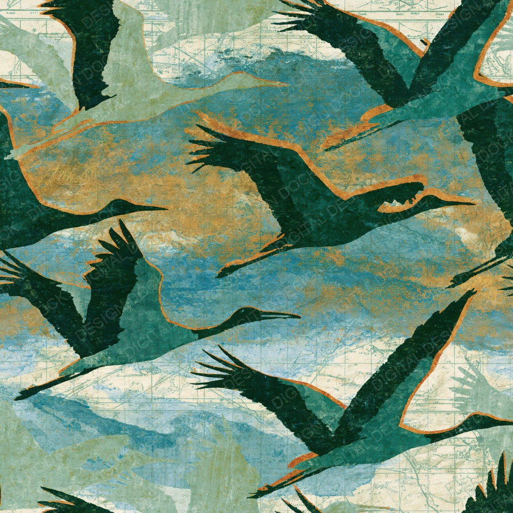 Indian Block Print Stork Sage Forest Digital Paper Pack (DDD016148)