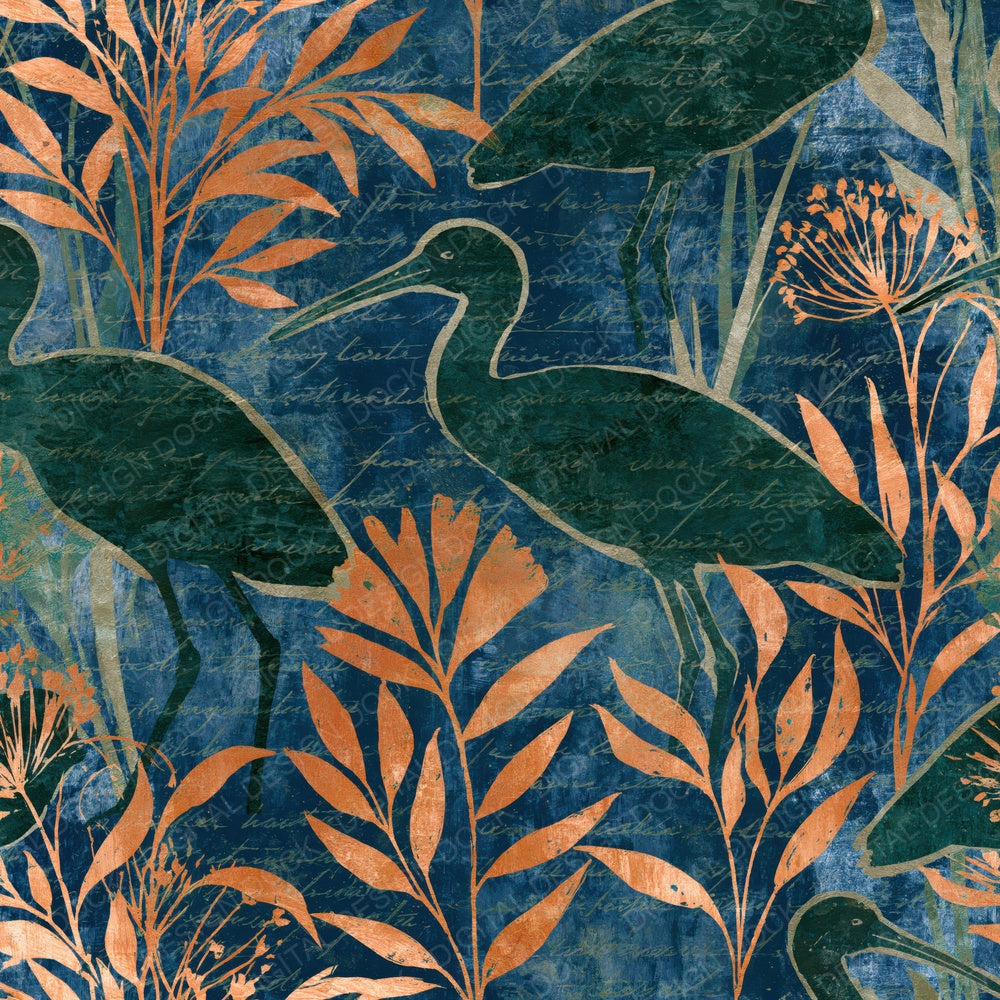 Woodblock Spoonbill Midnight Green Copper Digital Paper Pack (DDD016162)