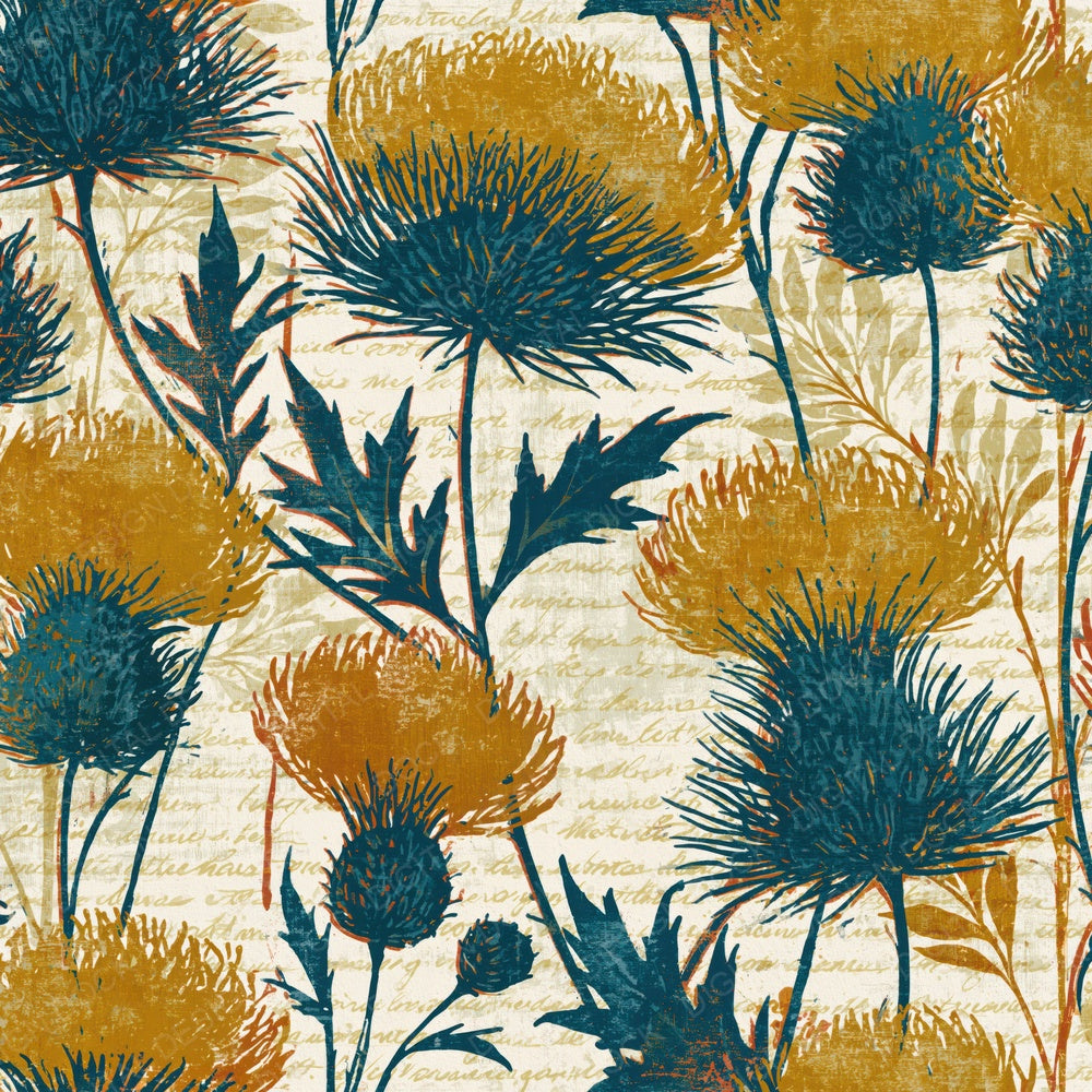 Woodblock Thistle Mustard Teal Digital Paper Pack (DDD016164)