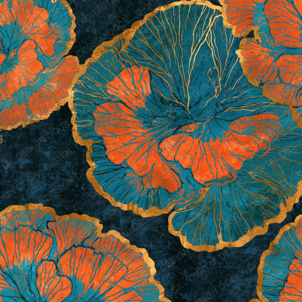 Indian Block Print Lions Mane Tangerine Turquoise Digital Paper Pack (DDD016187)