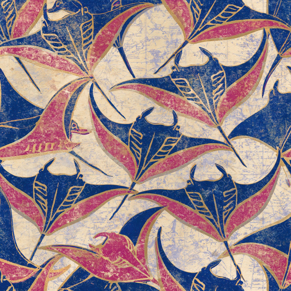 Another Indian Block Print Manta Rays Indigo Rose digital paper shown full size