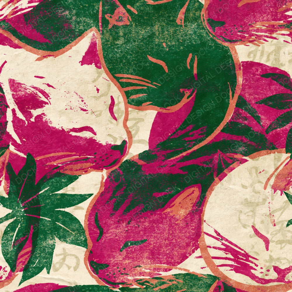 Indian Block Print Sleeping Cats Magenta Digital Paper Pack (DDD016225)