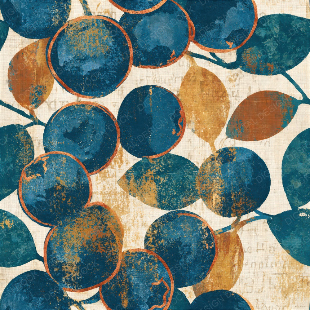 Block Print Blueberries Fern Ochre Seamless Digital Paper Pack (DDD016286)