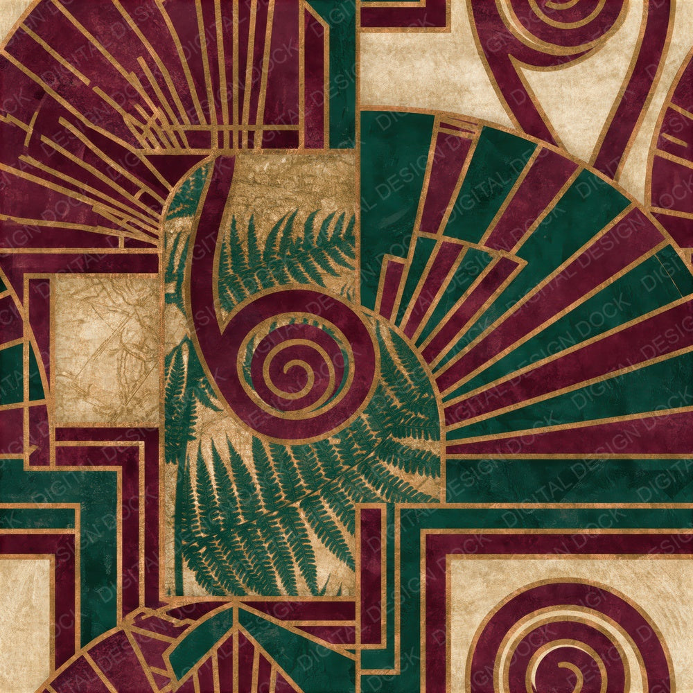 Art Deco Fiddlehead Fern Burgundy Seamless Digital Paper Pack (DDD016465)