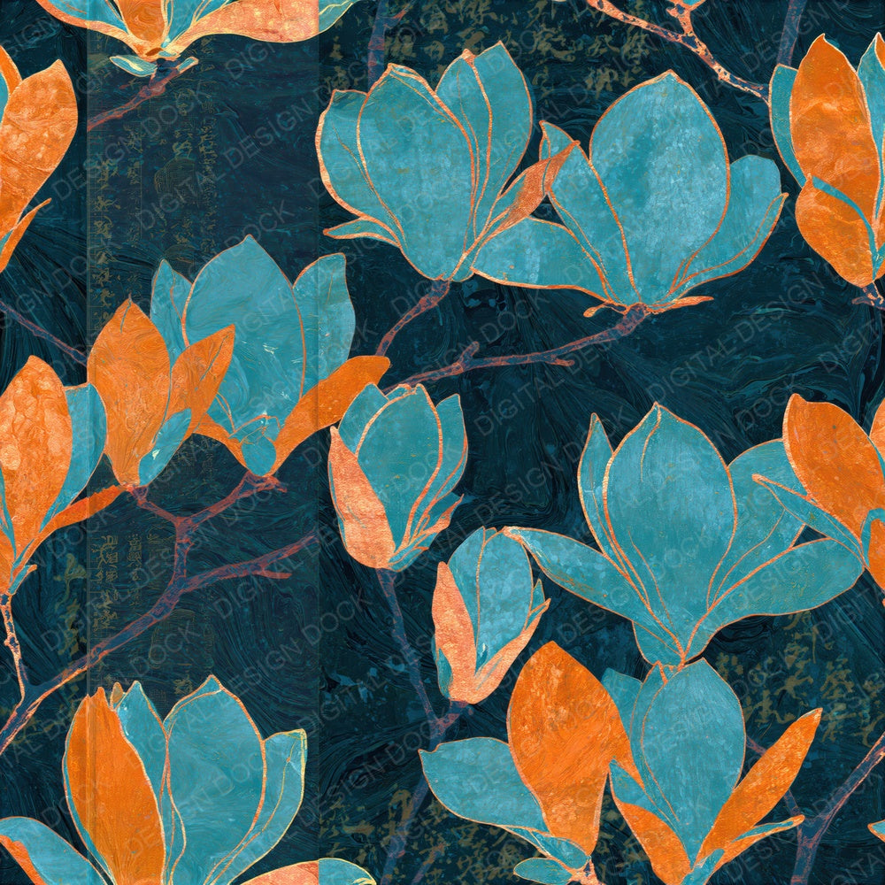 Paper Marbling Magnolia Tangerine Turquoise Seamless Digital Paper Pack (DDD016477)