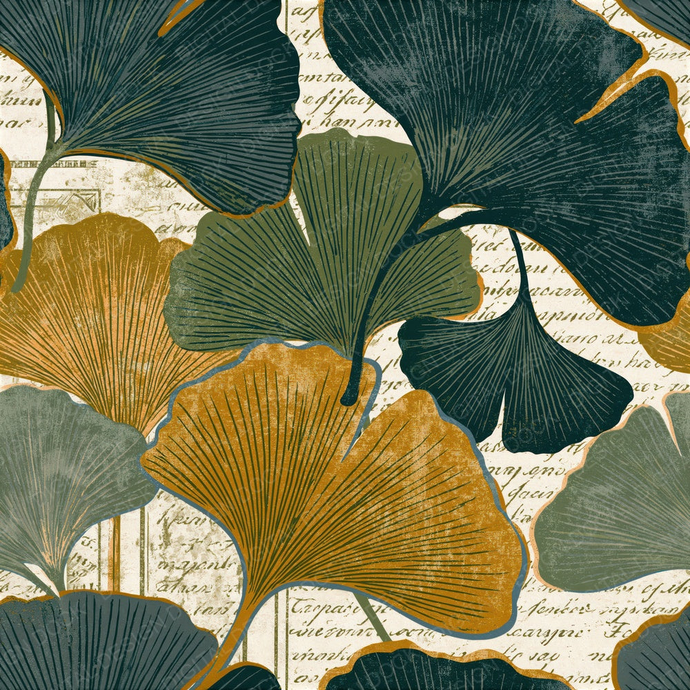 Antique Botanical Gingko Olive Ochre Seamless Digital Paper Pack (DDD016485)