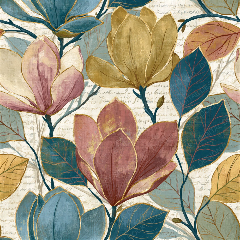Art Nouveau Magnolia Rose Sage Seamless Digital Paper Pack (DDD016486)